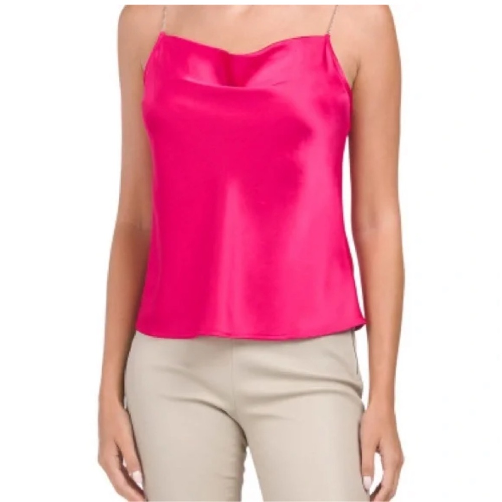 $248 NICOLE MILLER Hot Pink Satin Cowl Neck Camisole Crystal Straps Tank Top XL